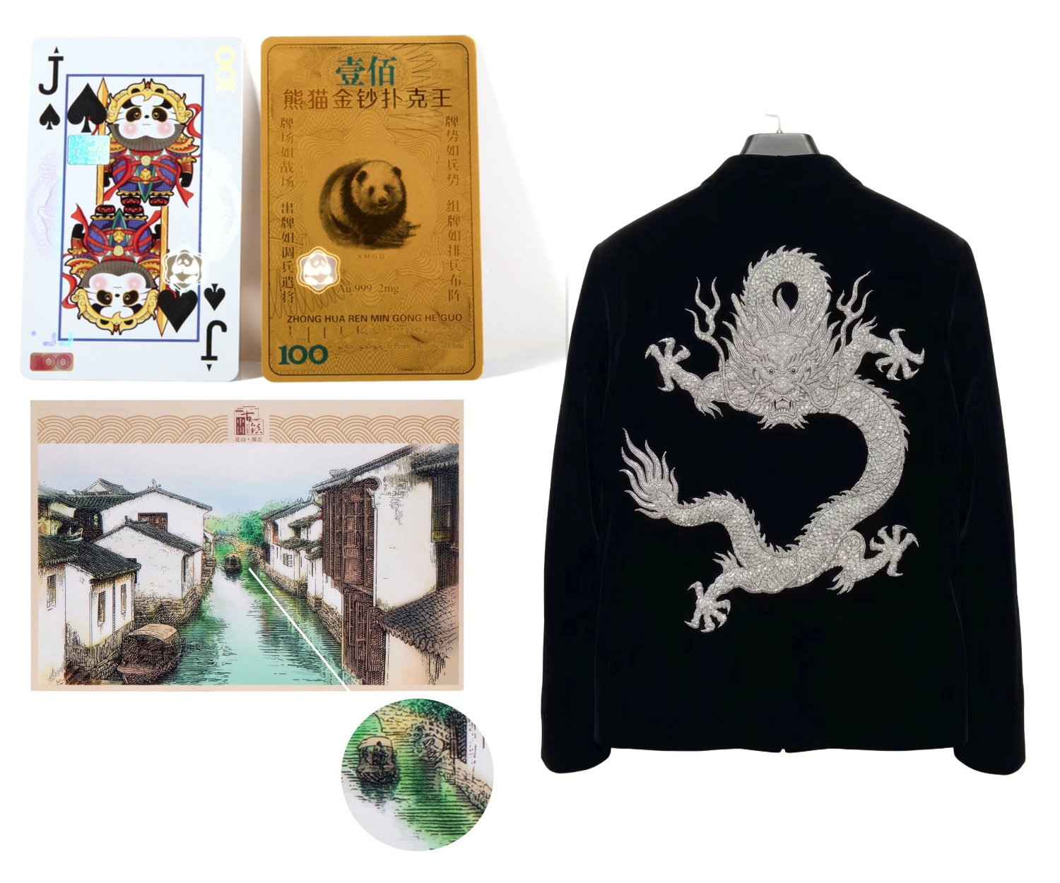 Au.999 playing cards · gold foil art · silver thread embroidered apparel